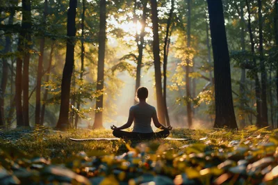 Woman Meditating In A Sunlit Forest Clearing