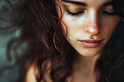 Close Up Portrait Of A Woman With Curly Hair