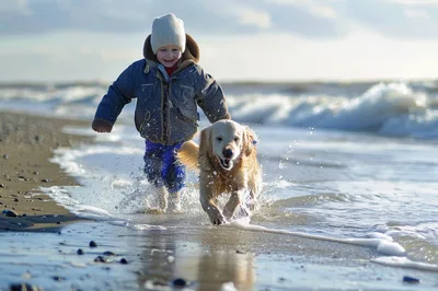 Young Boy Running With Golden Retriever On Beach