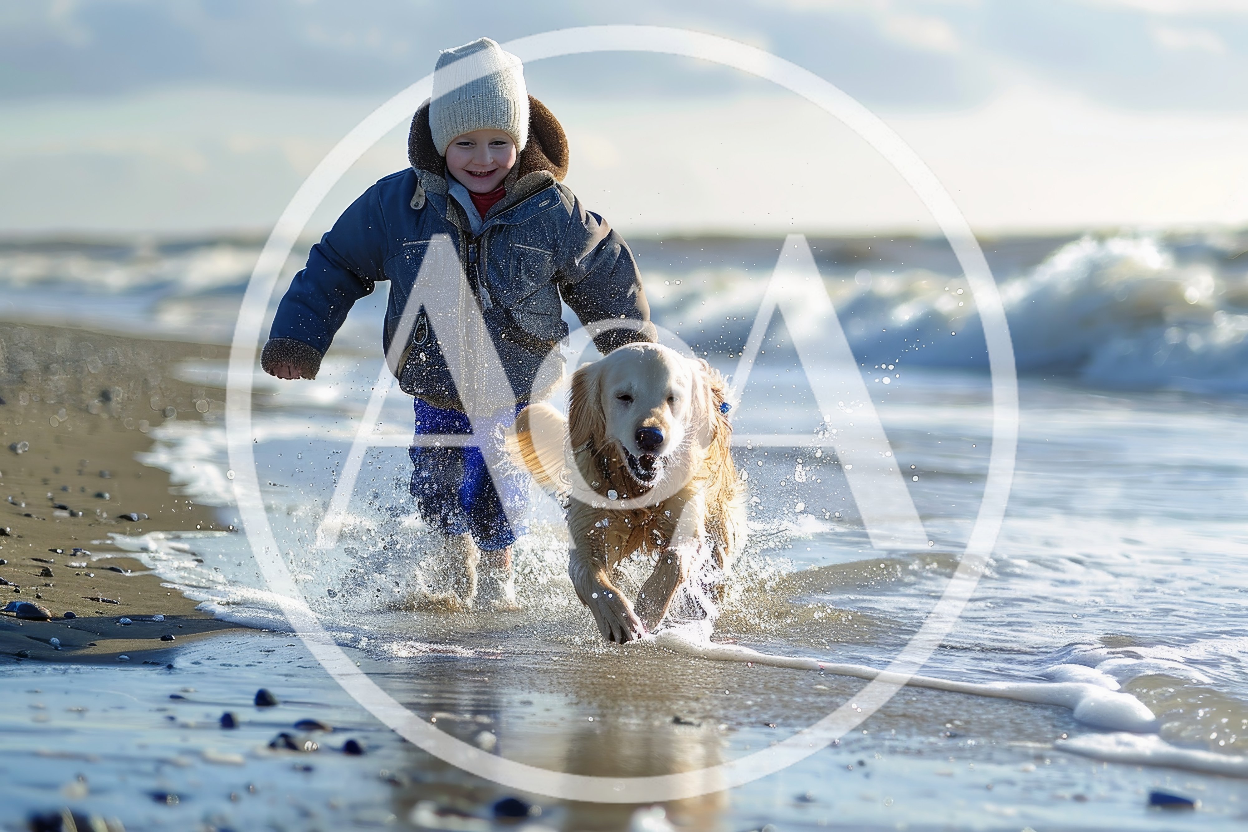 Young Boy Running With Golden Retriever On Beach