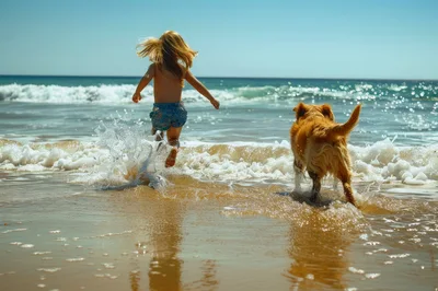 Child Running Into Ocean Waves With Golden Retriever