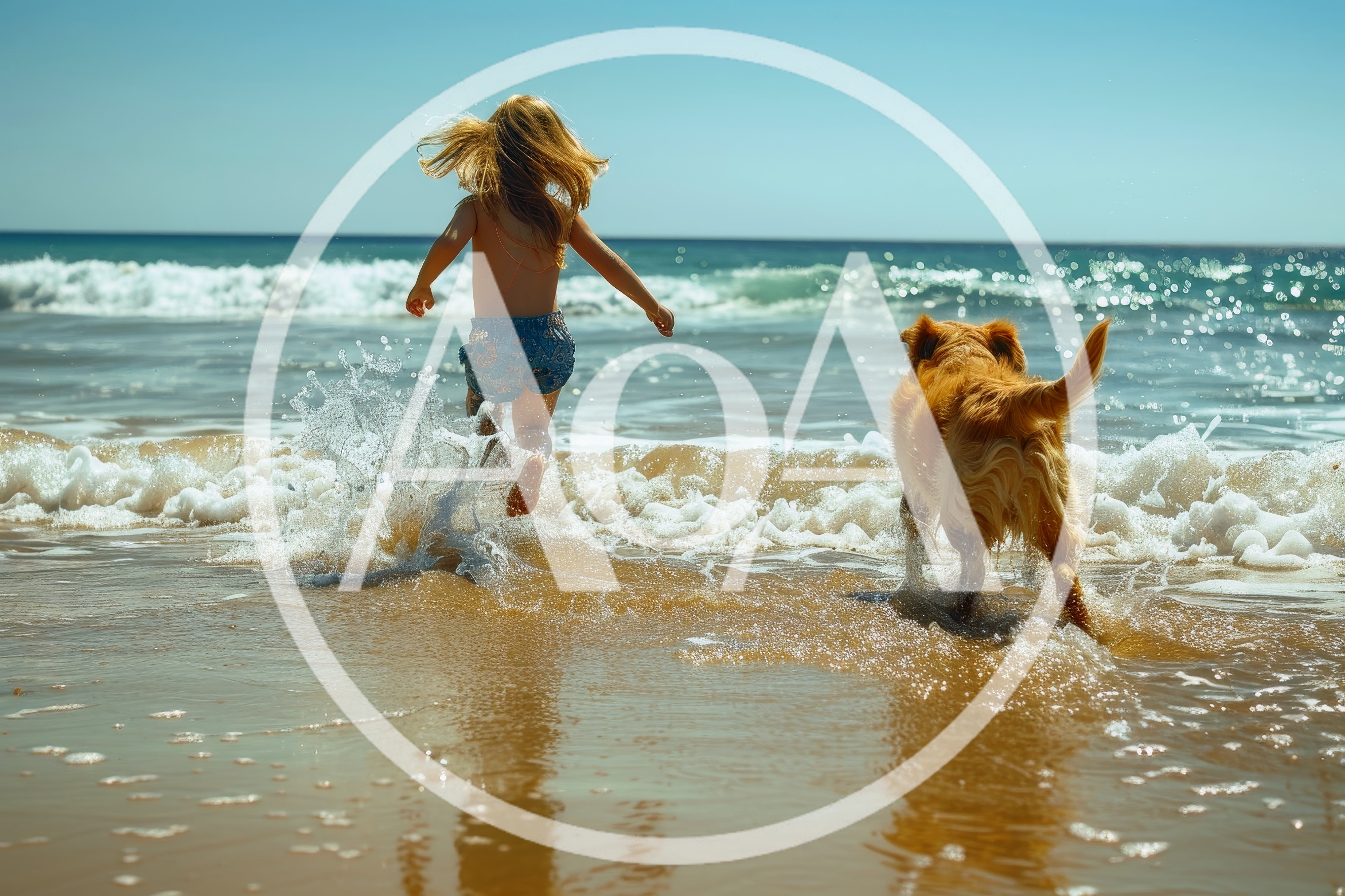 Child Running Into Ocean Waves With Golden Retriever
