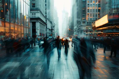 Motion Blur Pedestrians Walking On Busy New York City Street