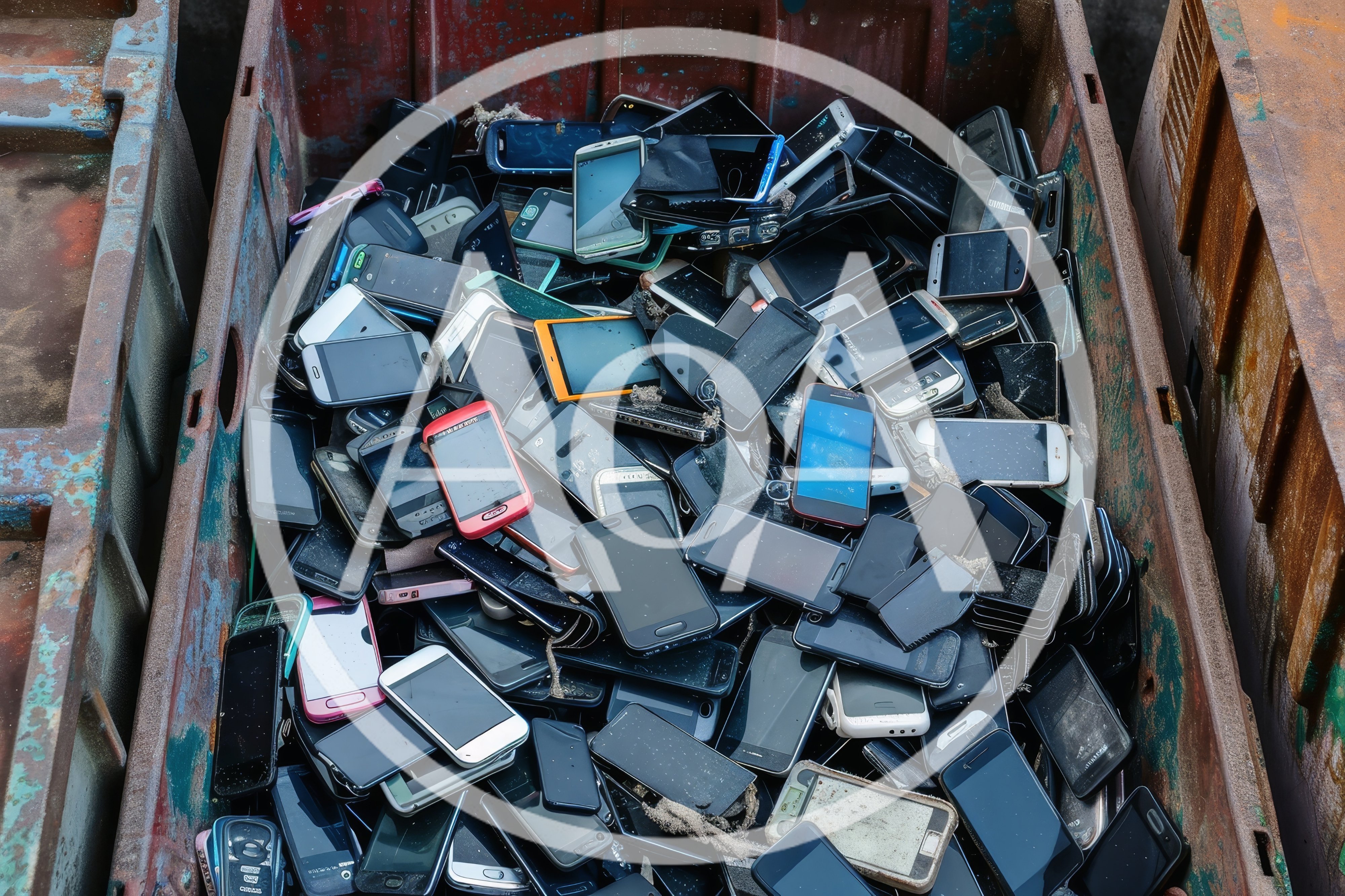 Pile Of Discarded Old Mobile Phones In Metal Bin