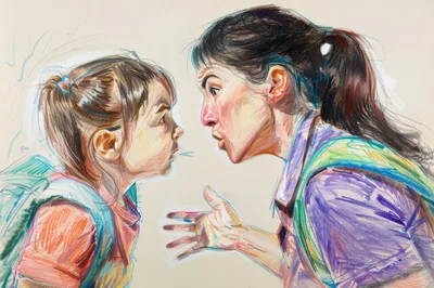 Colored Pencil Drawing Of A Mother And Daughter Arguing