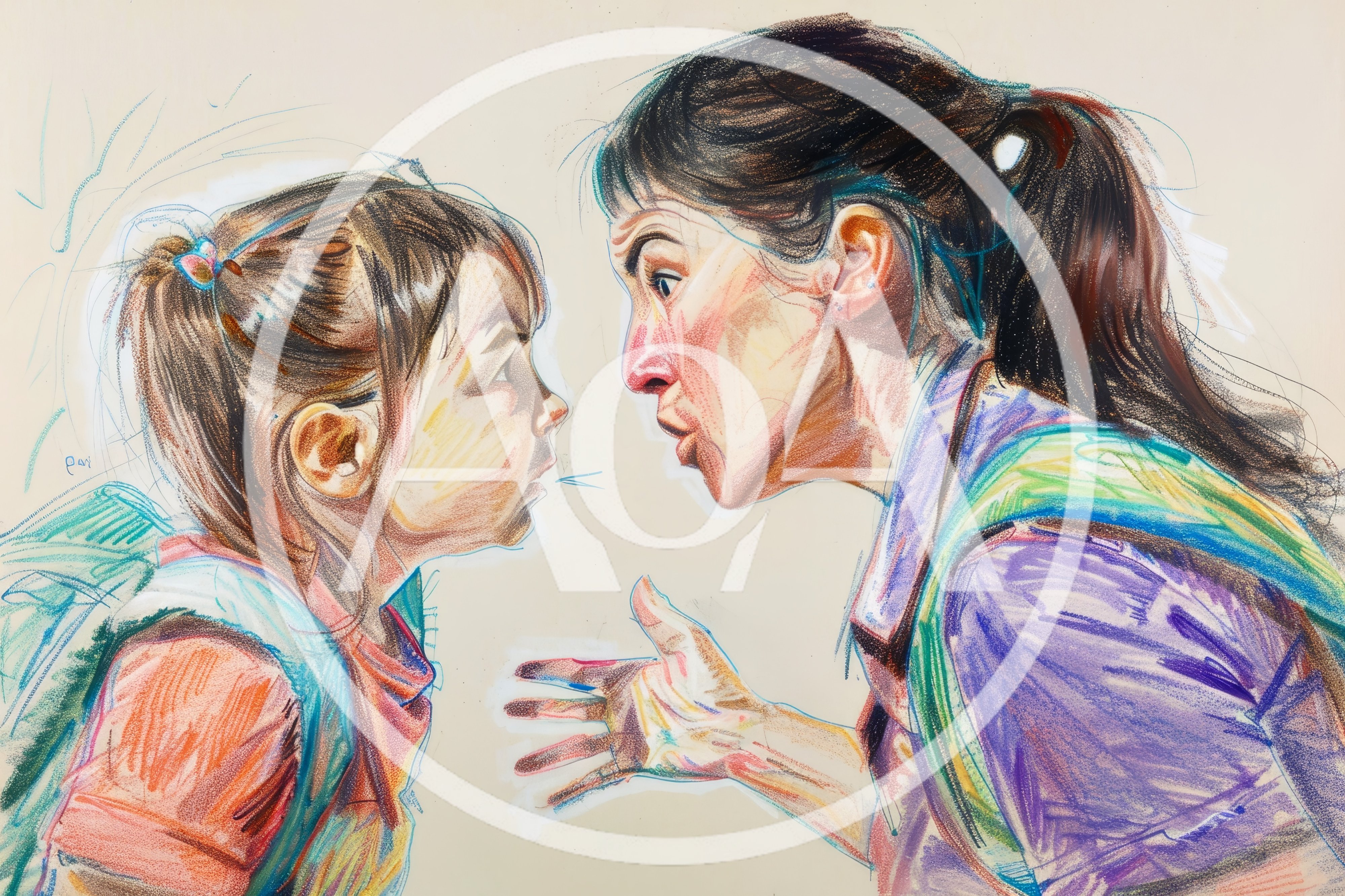 Colored Pencil Drawing Of A Mother And Daughter Arguing