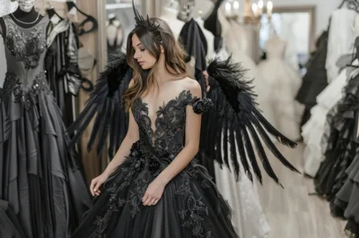 Young Woman Wearing Black Angel Wings And Gown