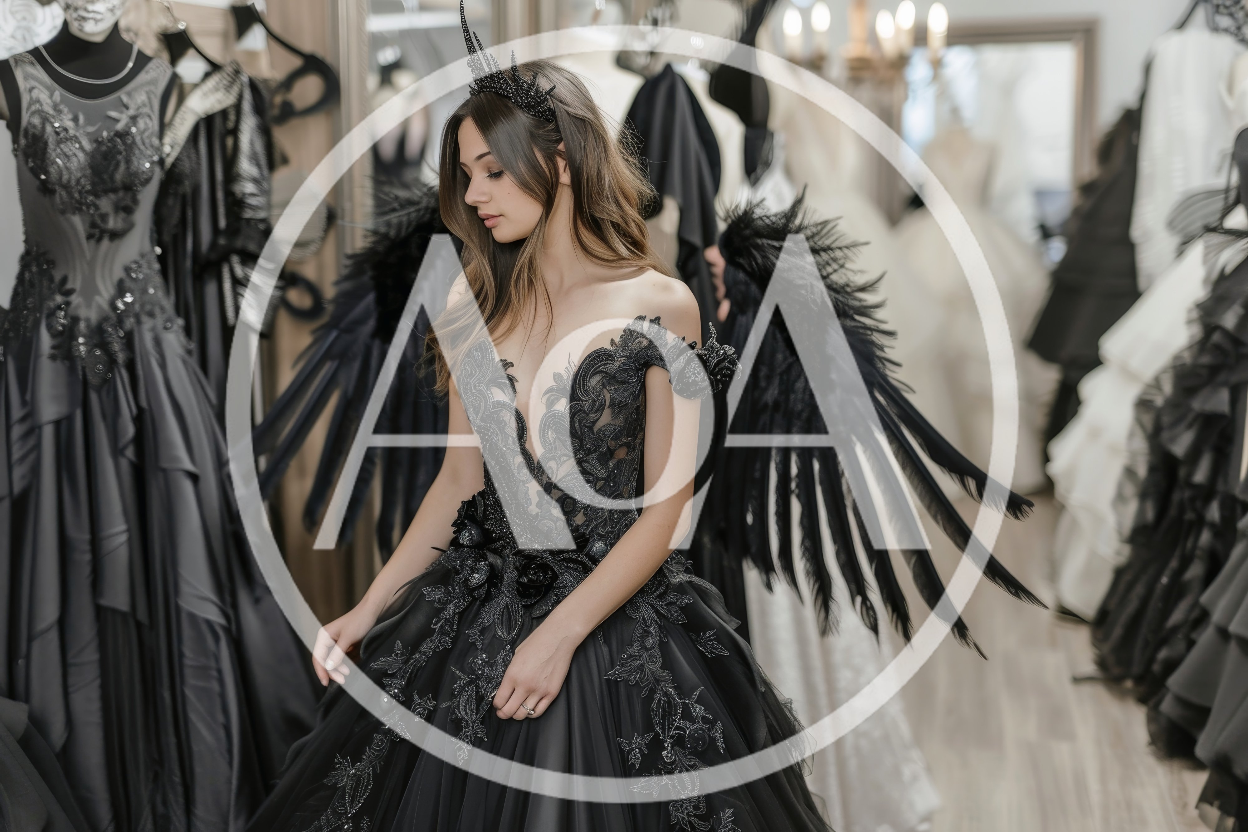 Young Woman Wearing Black Angel Wings And Gown