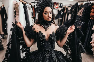 Gothic Queen In Elaborate Black Lace Gown