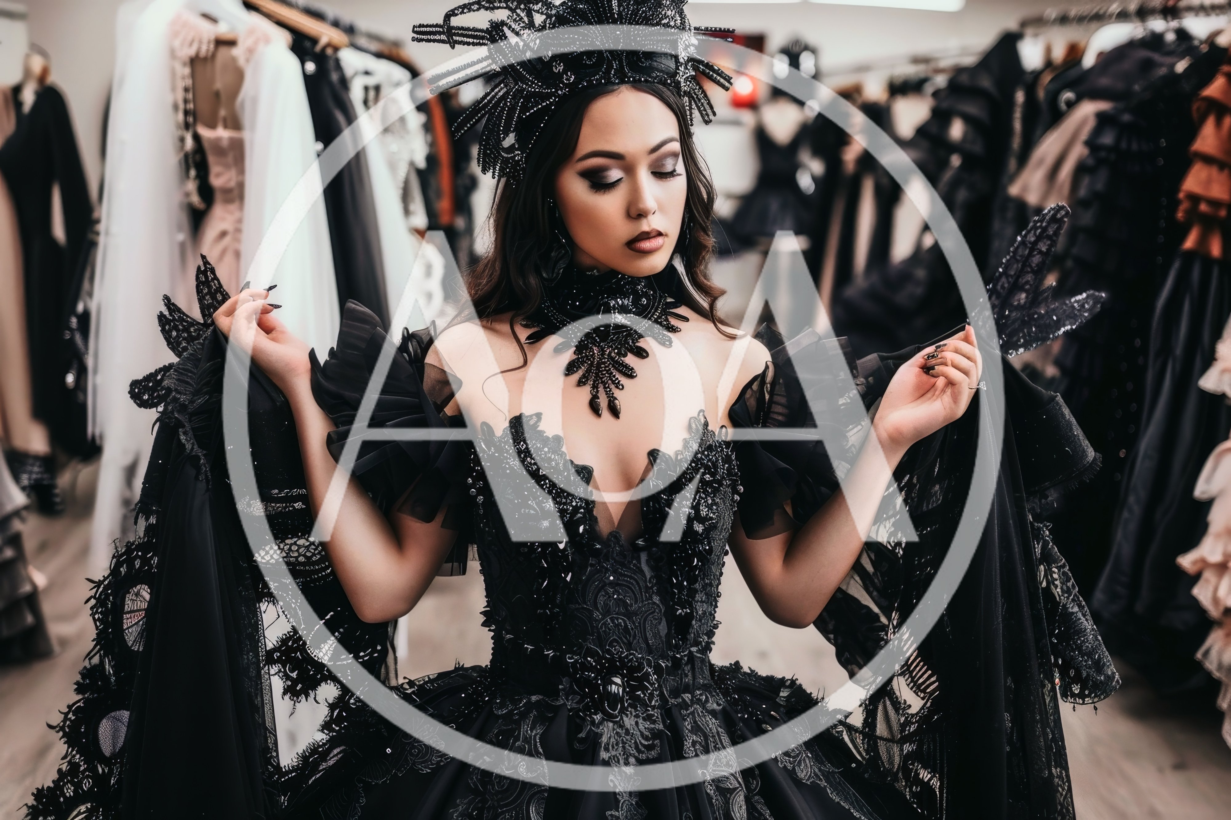 Gothic Queen In Elaborate Black Lace Gown