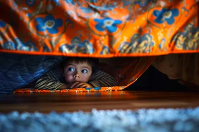 Young Boy Hiding Under A Blanket Fort