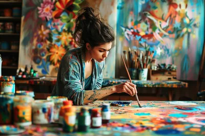 Young Female Artist Painting On Canvas In Studio
