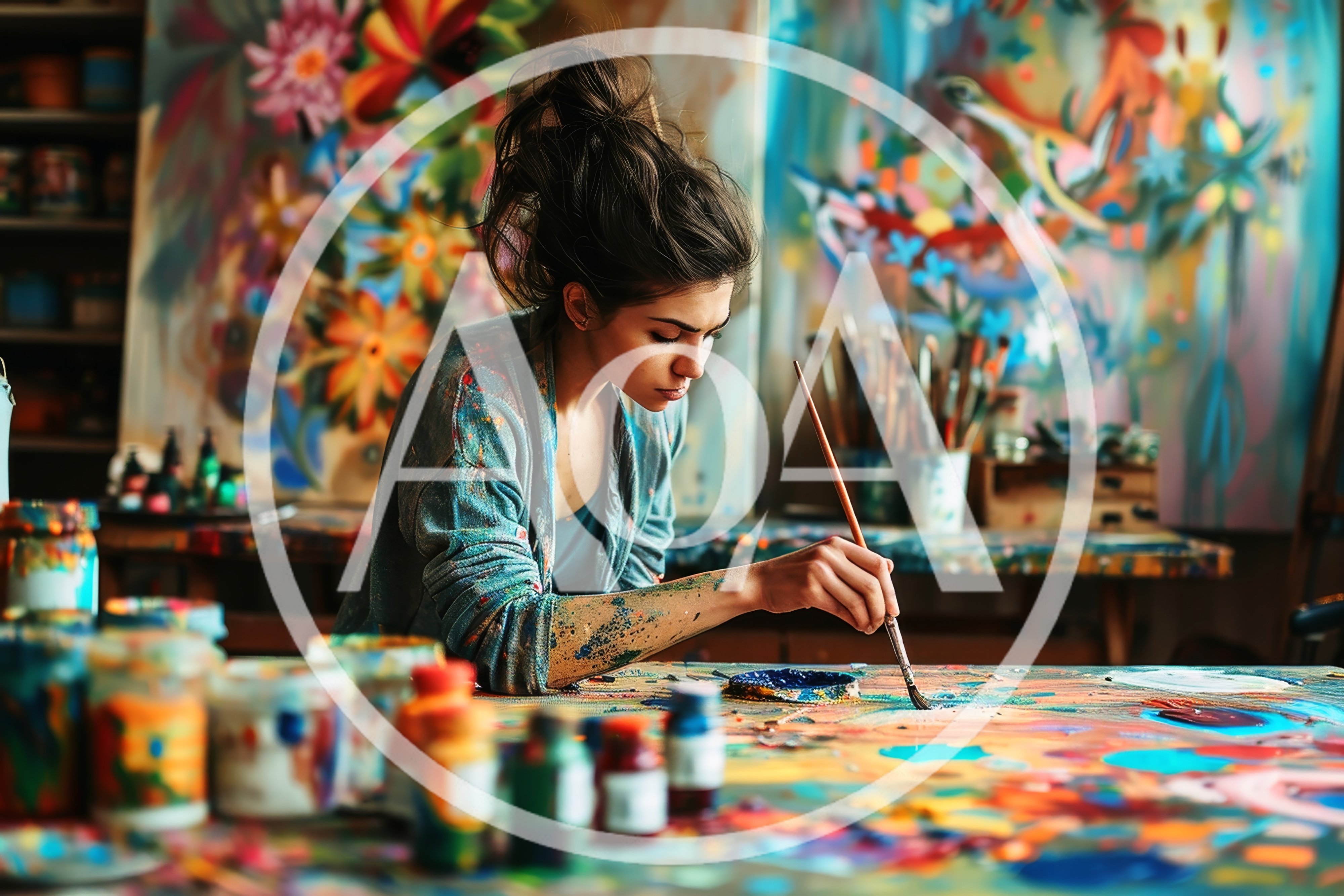 Young Female Artist Painting On Canvas In Studio