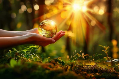 Hands Holding Glowing Earth Globe in Forest