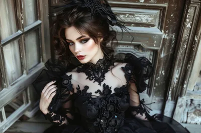 Gothic Woman In Elaborate Black Lace Dress