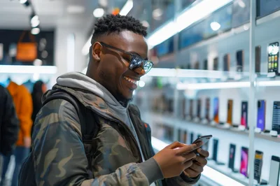 Young Man Using Smartphone in Electronics Store