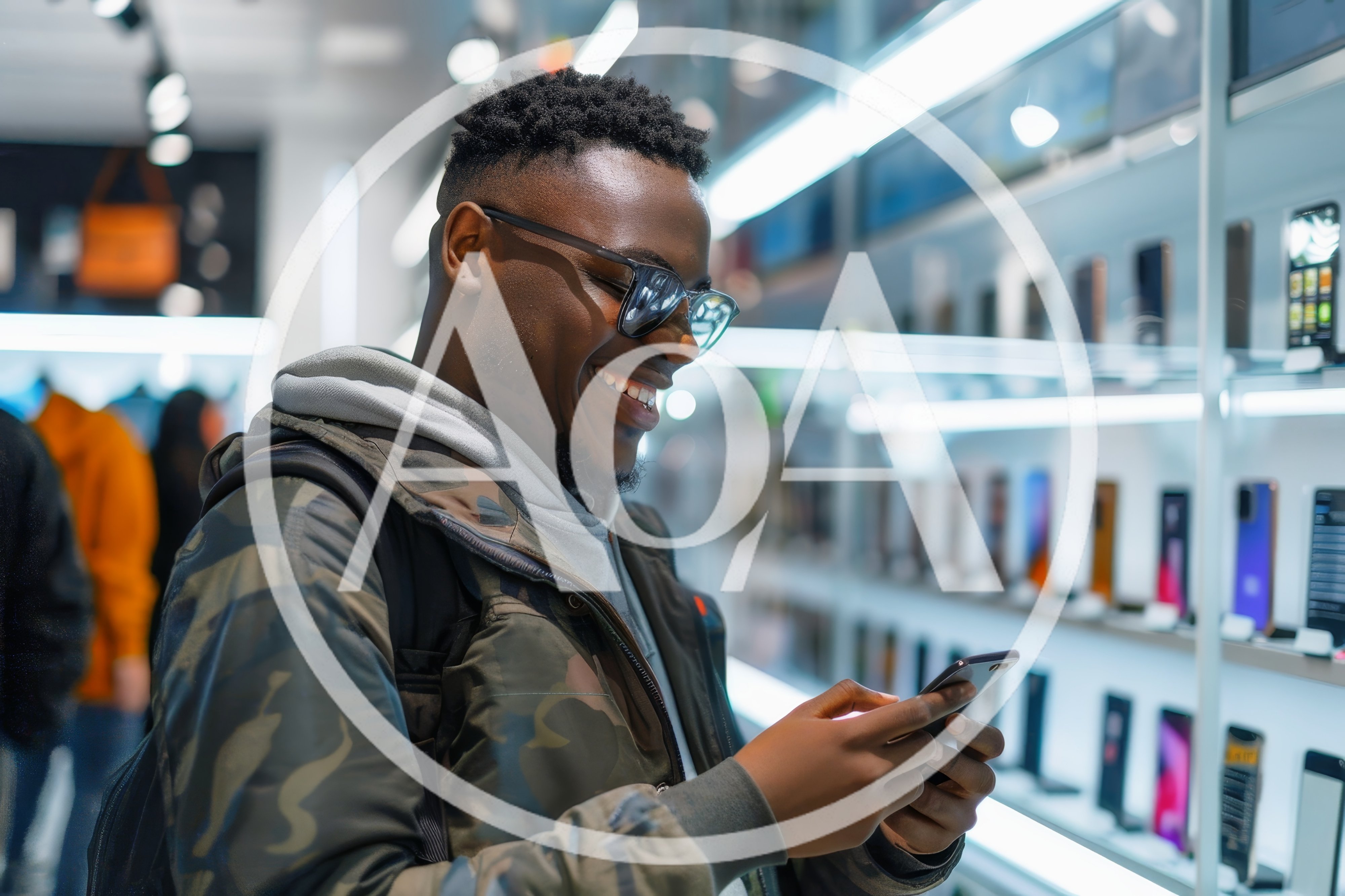 Young Man Using Smartphone in Electronics Store