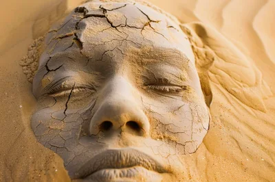 Cracked Clay Human Face Sculpture In Desert Sand