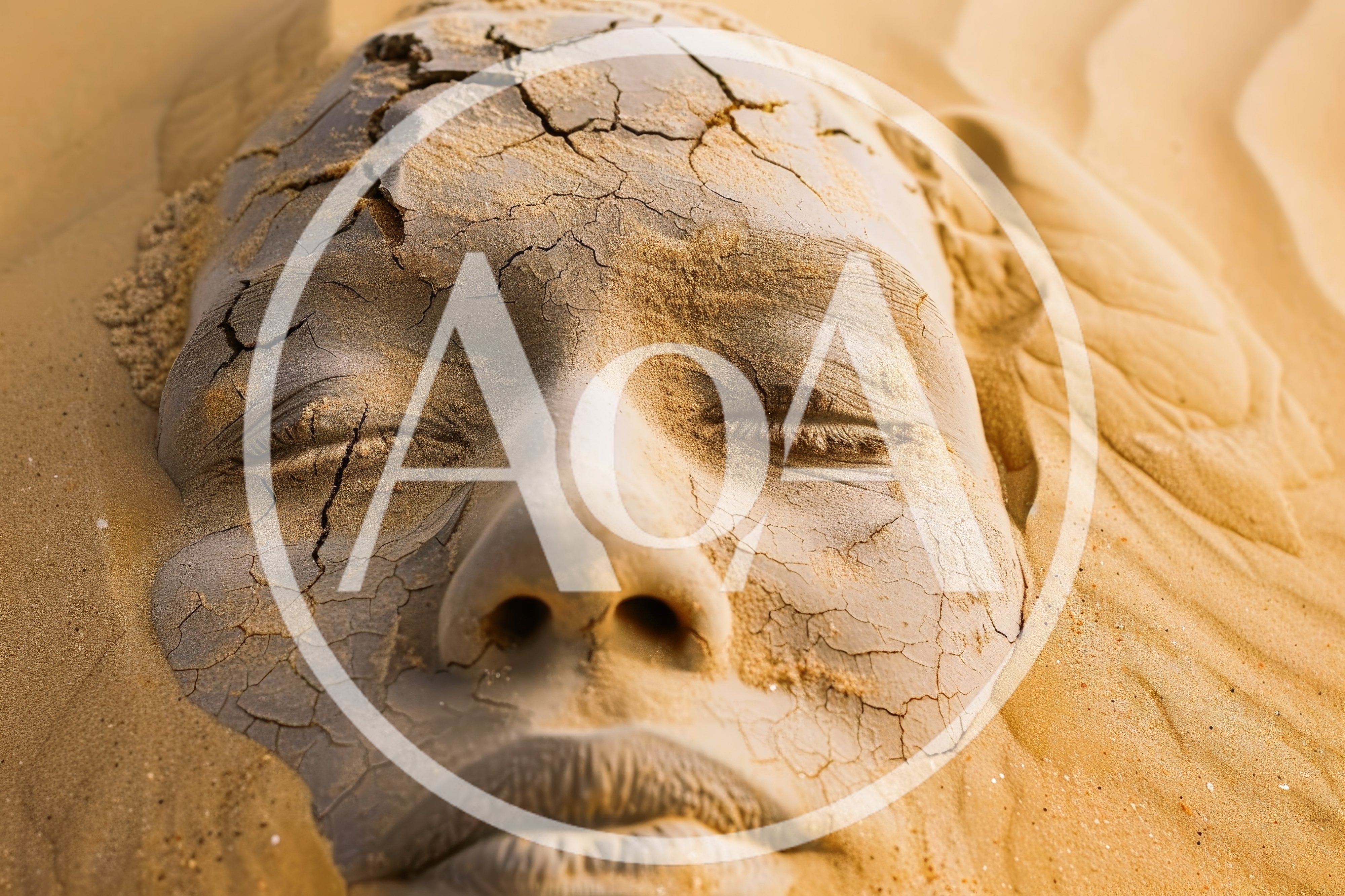 Cracked Clay Human Face Sculpture In Desert Sand
