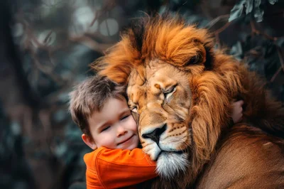 Young Boy Hugging A Large Male Lion