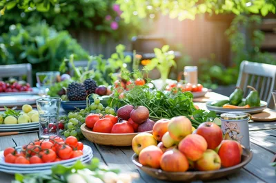 Fresh Harvest Produce Displayed on Outdoor Dining Table