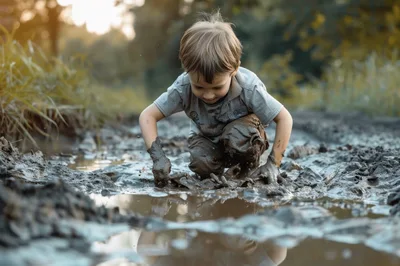 Young Boy Playing Happily In A Muddy Puddle