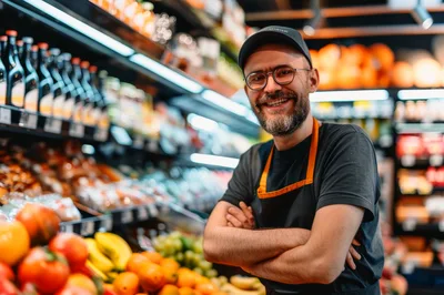 Smiling Grocery Store Clerk Standing In Produce Aisle