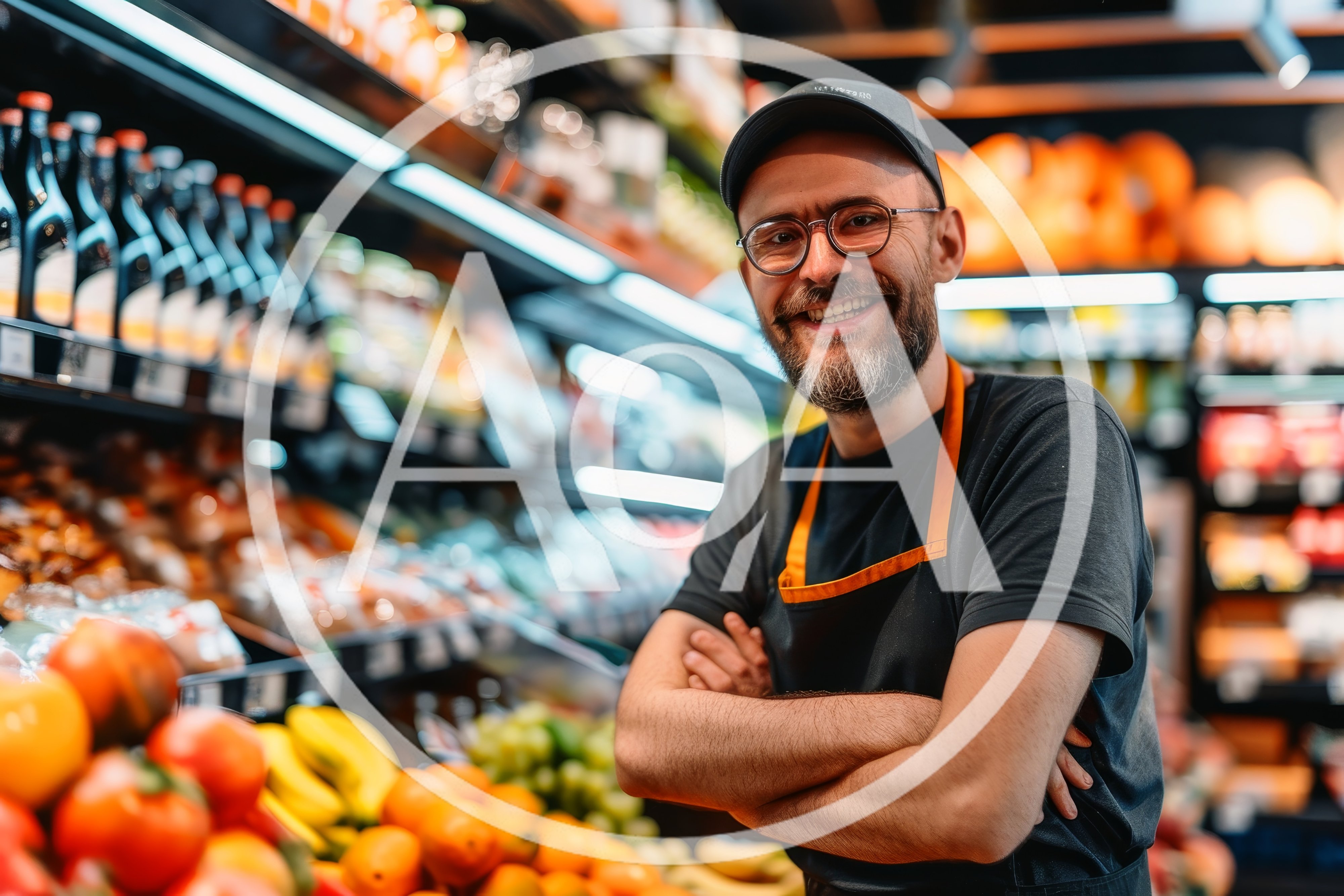 Smiling Grocery Store Clerk Standing In Produce Aisle
