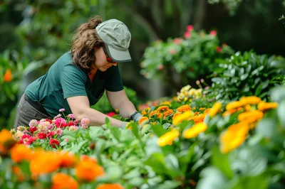 Female Gardener Tending To Vibrant Flower Bed