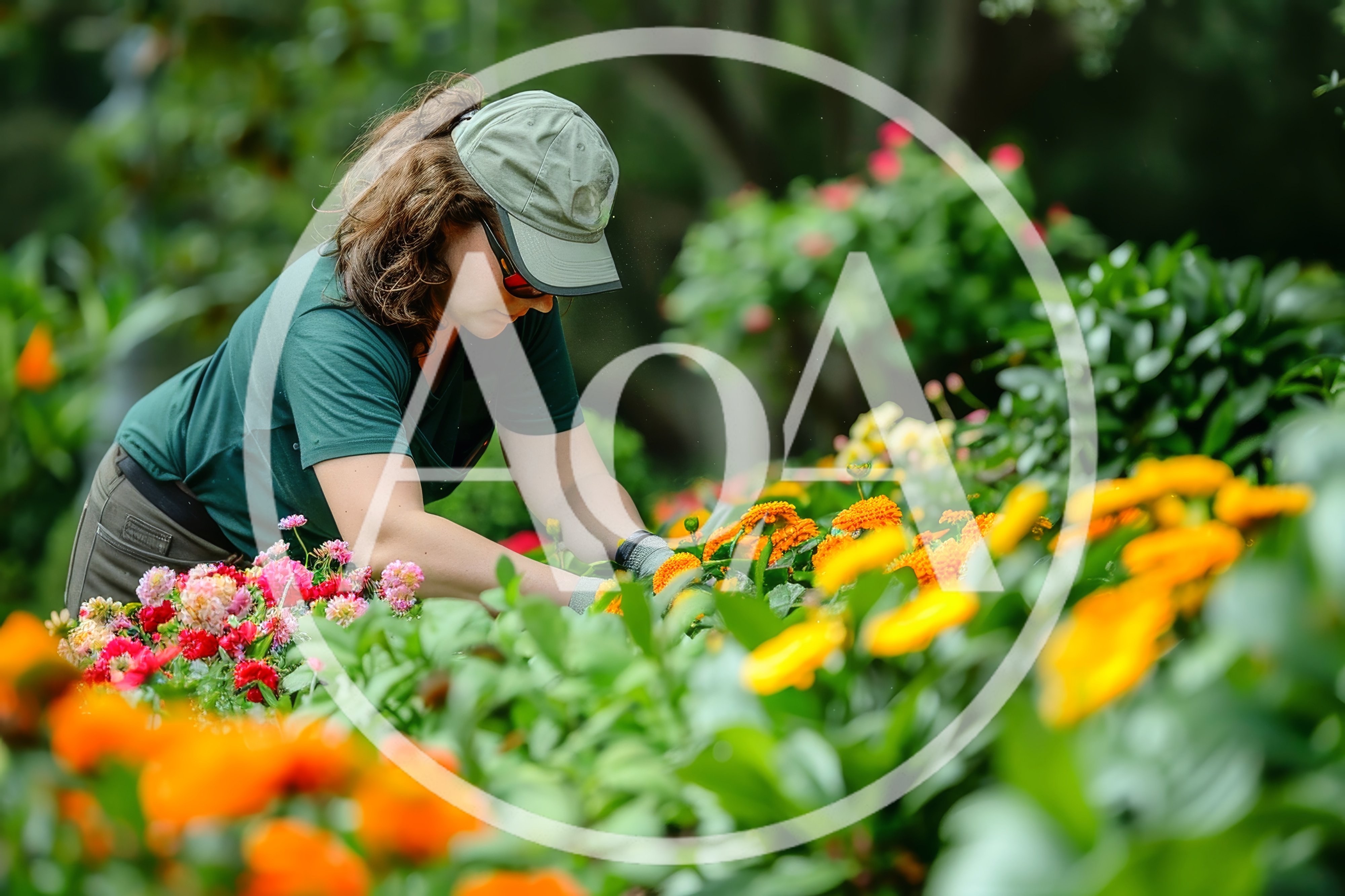 Female Gardener Tending To Vibrant Flower Bed