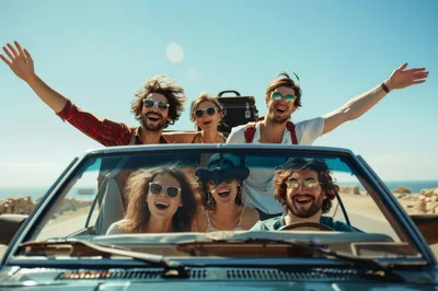 Group Of Friends On A Sunny Road Trip