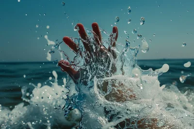 Hand Reaching Out From Ocean Water Splash