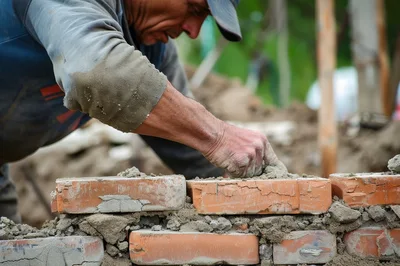 Construction Worker Laying Red Bricks With Mortar