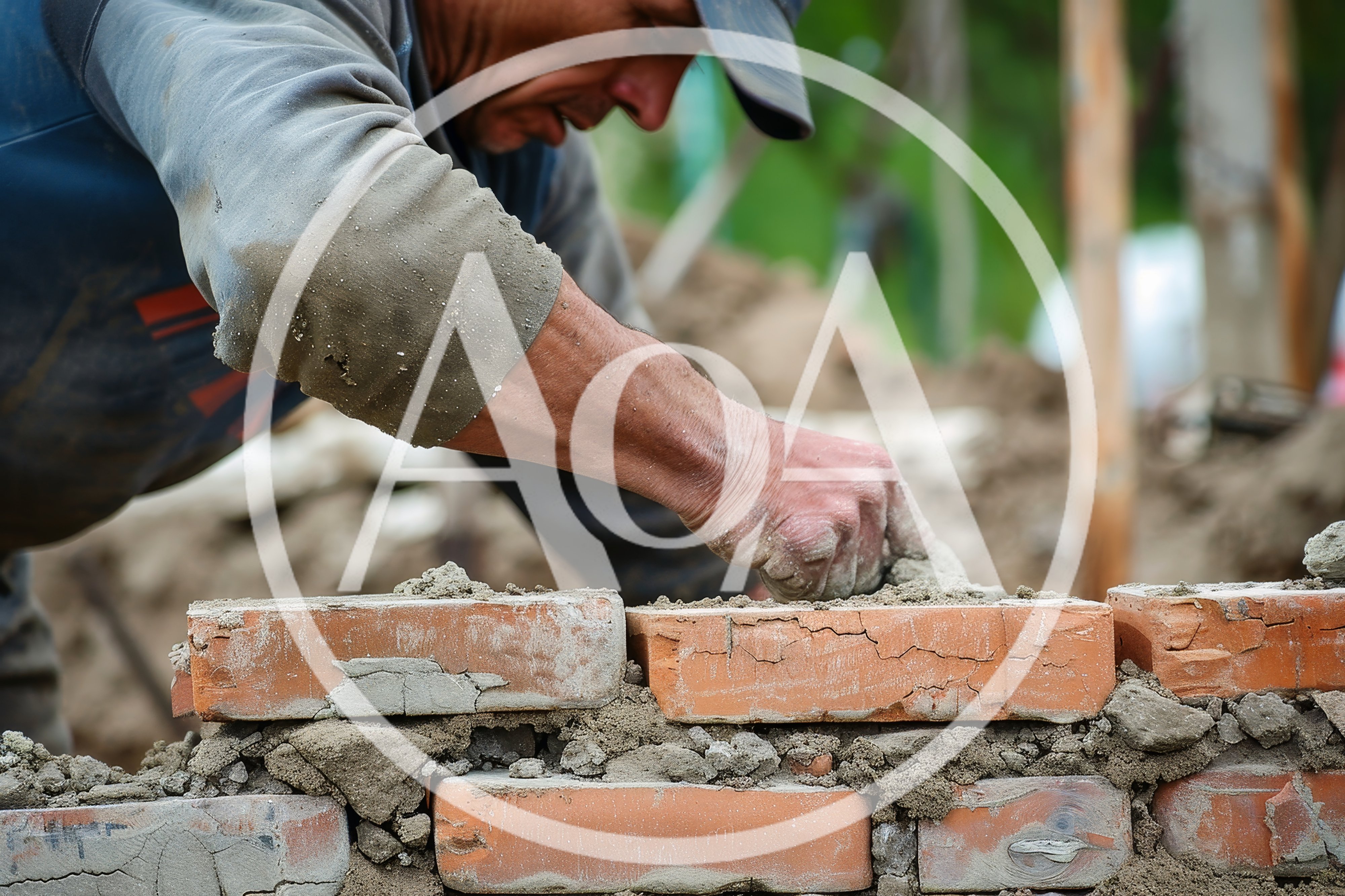 Construction Worker Laying Red Bricks With Mortar