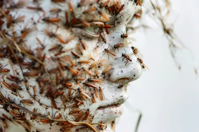 Mannequin Head Covered In Swarming Flying Insects