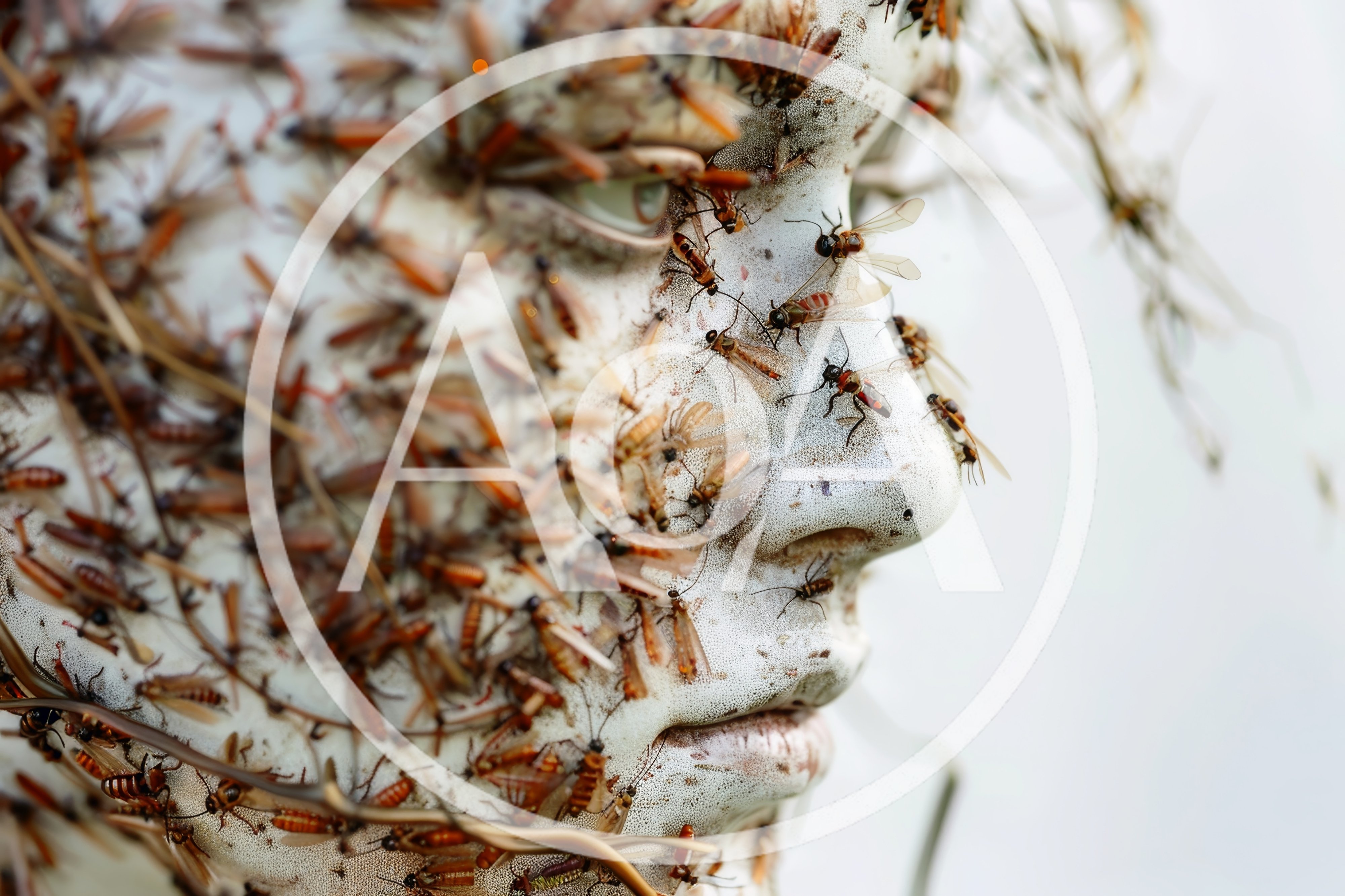 Mannequin Head Covered In Swarming Flying Insects