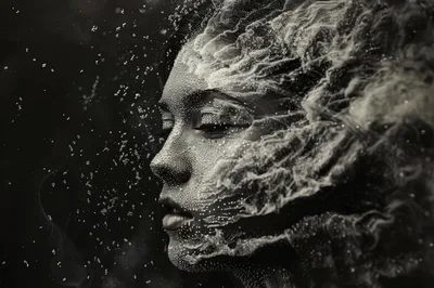Surreal Portrait Of Woman Dissolving Into Sand Particles