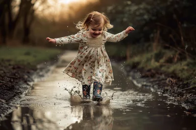 Toddler Girl Jumping In A Muddy Puddle