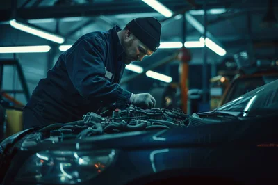 Professional Mechanic Repairing Car Engine In Auto Workshop