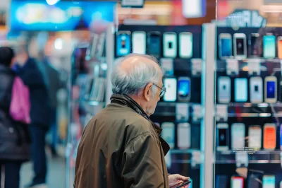 Elderly Man Shopping For Smartphones In Electronics Store