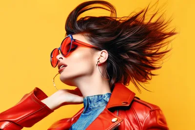 Stylish Woman With Red Sunglasses And Leather Jacket