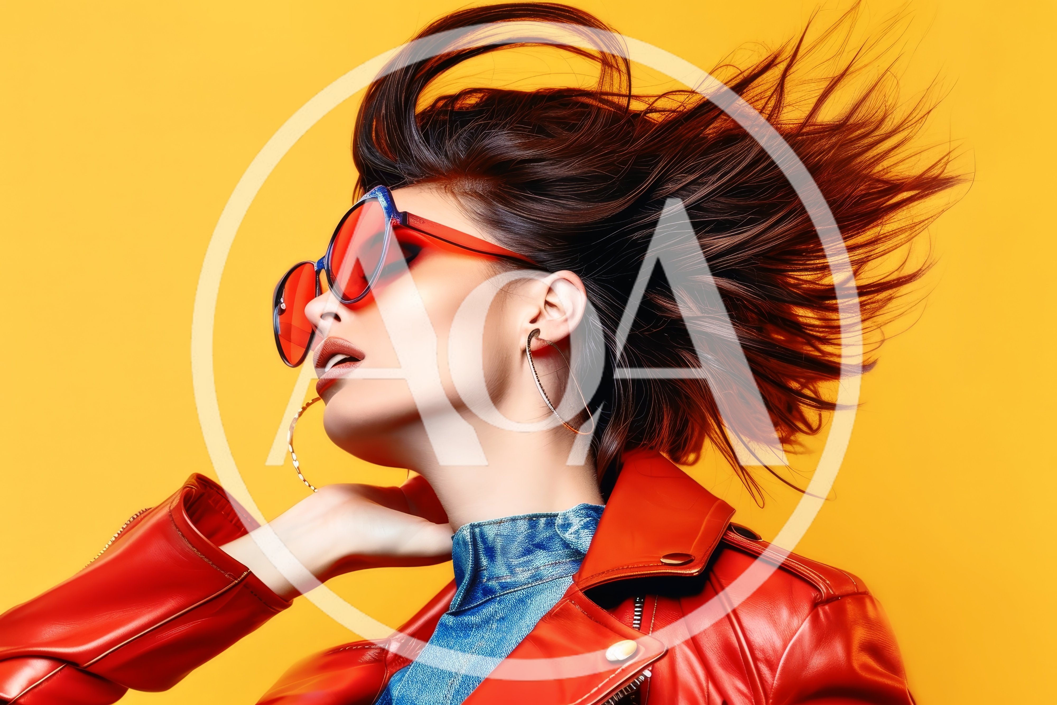 Stylish Woman With Red Sunglasses And Leather Jacket