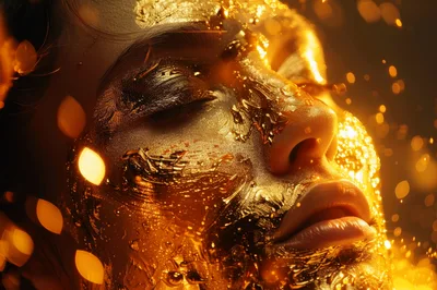 Close Up Portrait Of Woman Covered In Liquid Gold