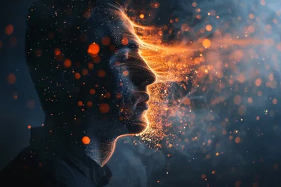 Digital Human Profile Dissolving Into Glowing Particles