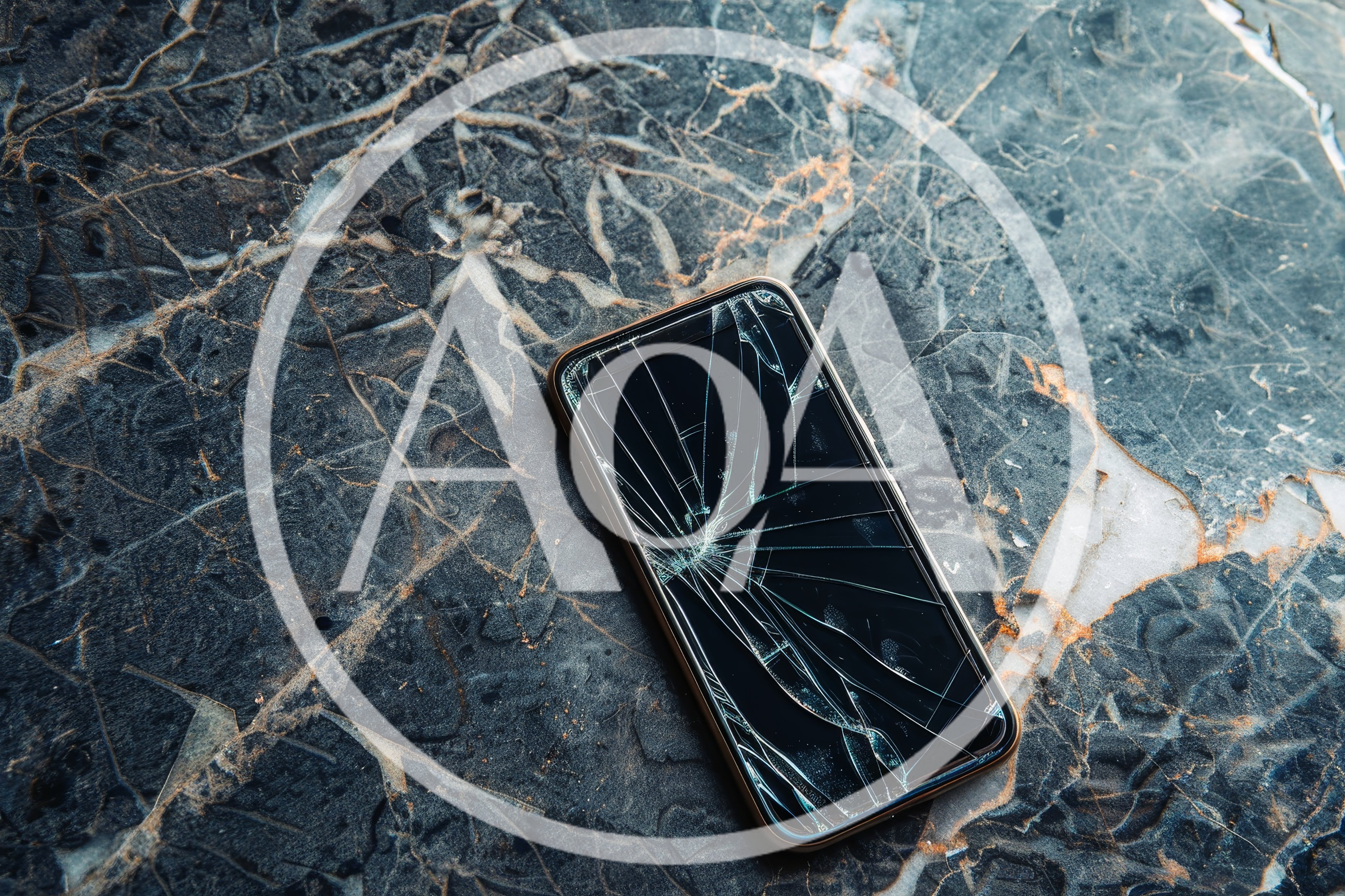 Broken Smartphone Screen On Dark Marble Surface