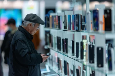 Elderly Man Examining Smartphone in Electronics Store