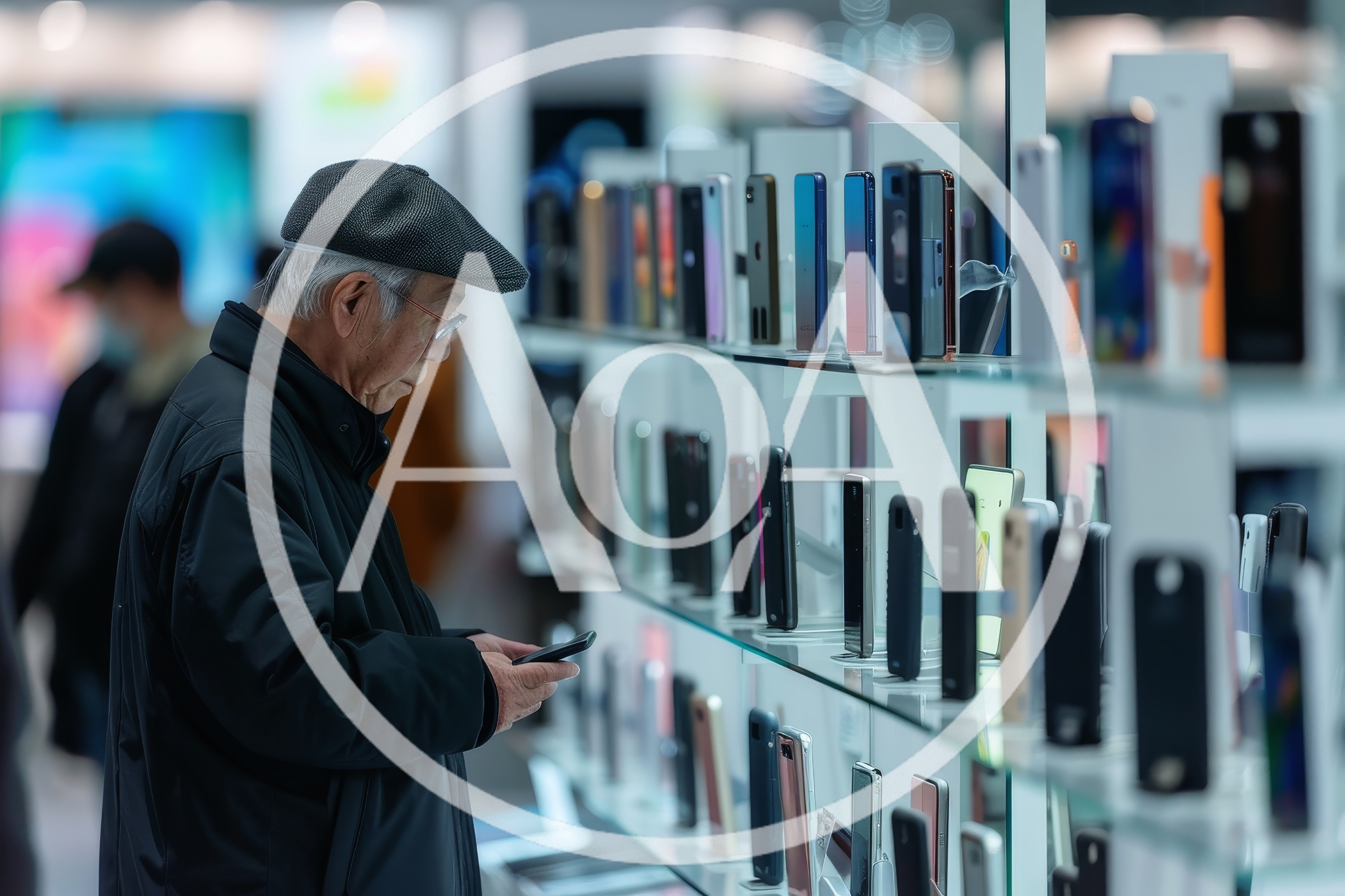 Elderly Man Examining Smartphone in Electronics Store