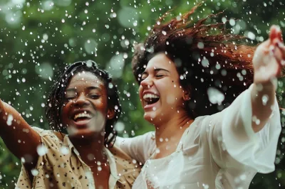 Two Joyful Women Playing In The Rain