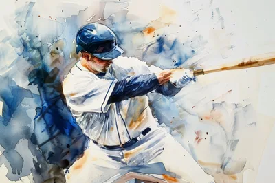 Watercolor Painting Of A Baseball Player Swinging A Bat