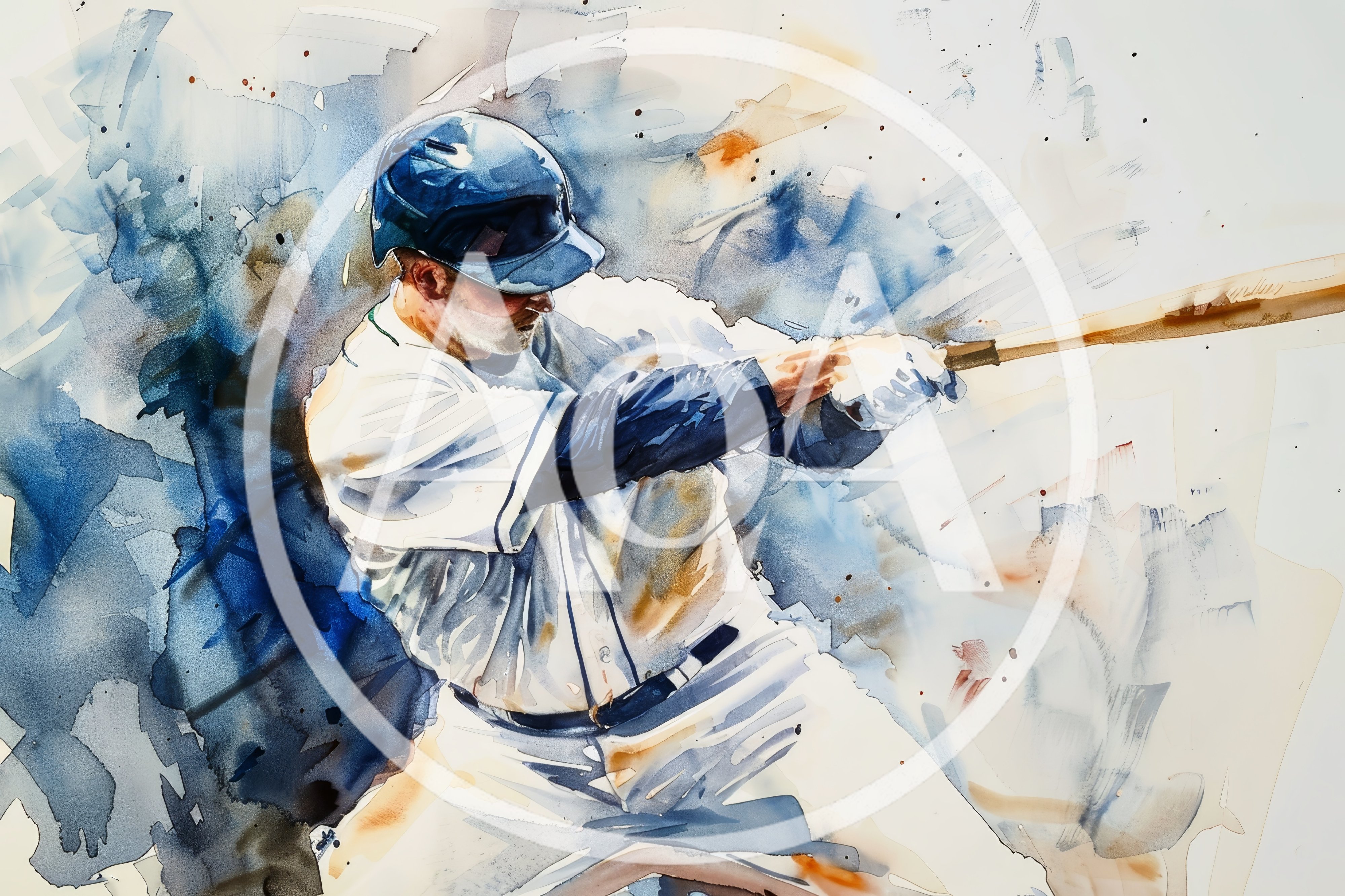 Watercolor Painting Of A Baseball Player Swinging A Bat